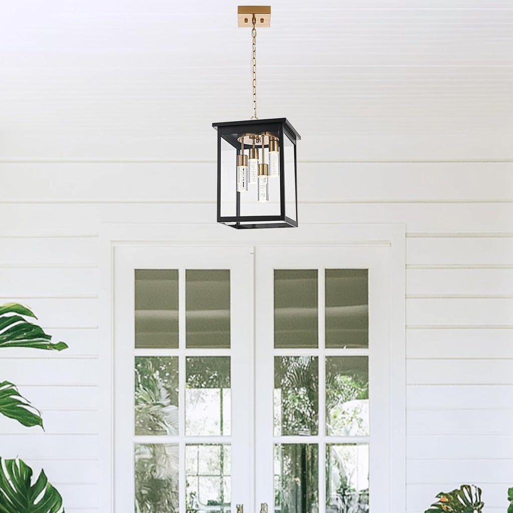 Yaohong Large 5CCT LED Outdoor Pendant Lights for Porch, 4-Lights Modern Black and Brushed Brass Hanging Ceiling Fixture with Acrylic Column & Clear Glass, Weatherproof Chandelier for Foyer Gazebo