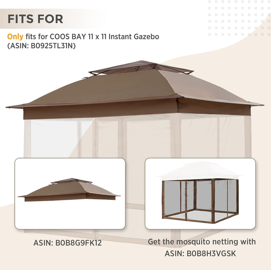 COOS BAY 11x11 Replacement Gazebo Top with Air Vent Sunshade Polyester Top Cover Only, Brown