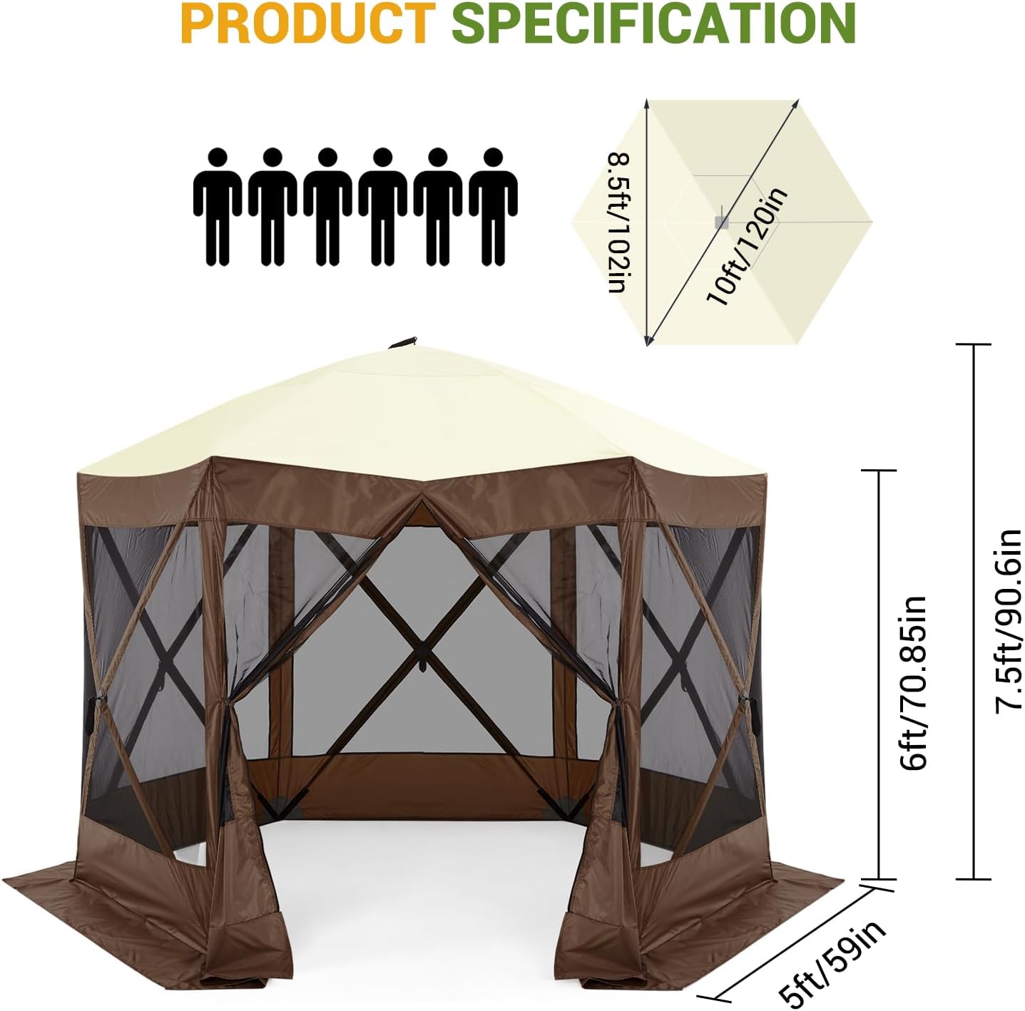 Pop Up Gazebo for Camping, 10x10ft Portable Outdoor Netting Canopy Shelter Tent, Folding Lightweight 6 Side Walls Screen House Tent with Storage Bag, Ground Stakes for Patio Backyard Party, Brown