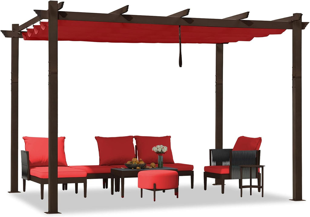 PURPLE LEAF Pergola 10' X 12' Outdoor Retractable Metal Pergola with Canopy for Patio Garden Yard Pavilion Grill for Beach Deck Gazebo, Terra