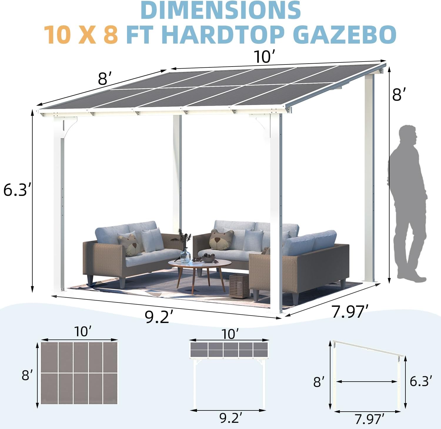 AECOJOY 10' x 8' Pergolas and Gazebos on Clearance in White, Large Wall Mounted Pergola, Outdoor Patio Lean to Gazebo Metal Awnings for Decks,Patio, Porch, Backyard and More