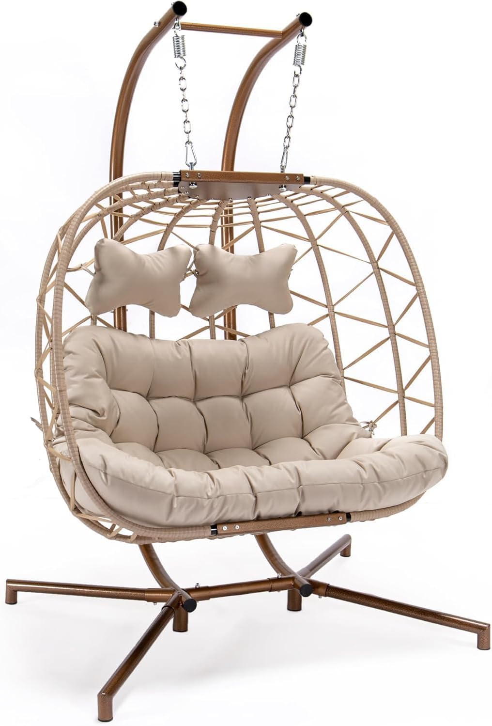 NICESOUL Double Swing Egg Chair with Stand, Extra Large 2 Person Indoor Outdoor Wicker Loveseat, Oversized Patio Hanging Basket Chair with Cushions, Cozy Sturdy Porch Swing for Backyard Balcony, Beige