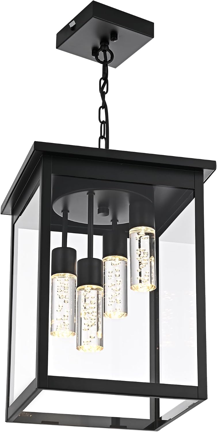 TODOLUZ Large 5CCT LED Outdoor Pendant Light Fixtures, Black Exterior Hanging Lantern Lamp LED Integrated Bulbs Included, Farmhouse Exterior Chandelier Ceiling Mount for Entrance Patio