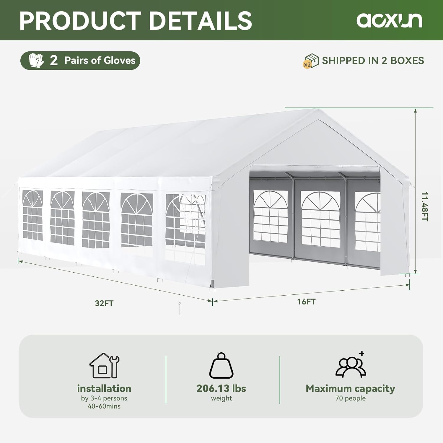 Aoxun 16x32 Party Tent Canopy for Weddings Waterproof Event Tent with Removable Sidewalls &Roll-up Door, Heavy-Duty Steel Frame for Outdoor Weddings, BBQ, Birthday Parties, & Camping,White