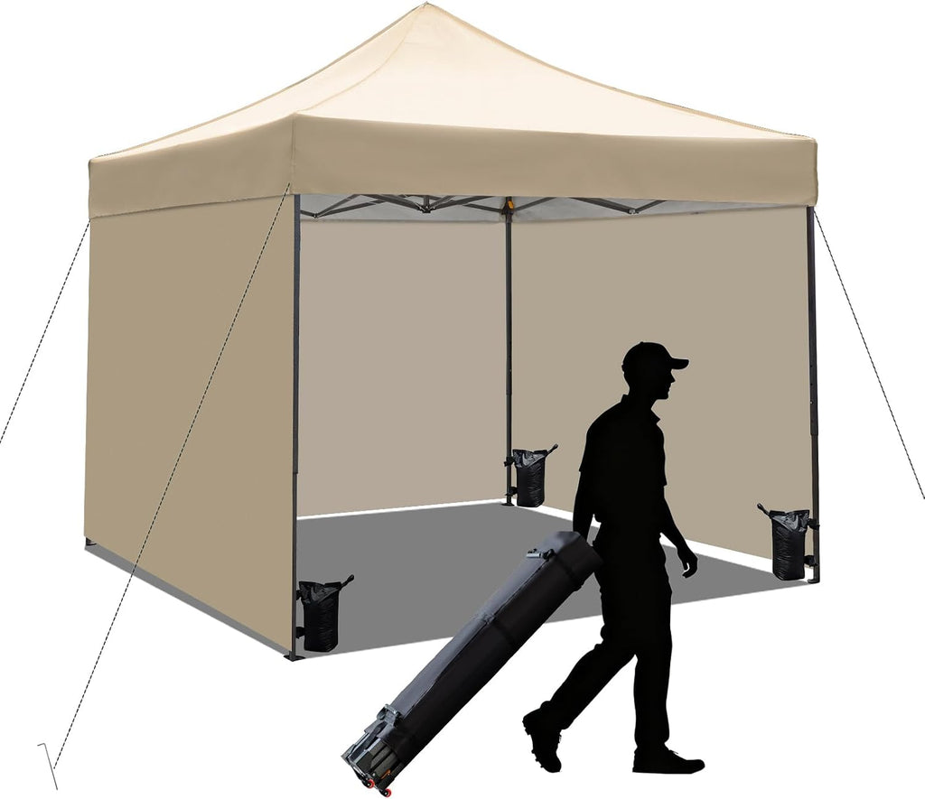 10x10 Pop up Canopy Tent with Sidewalls,Heavy Duty Waterproof Sun Shade Canopy Easy up Canopy with Wheel Bag Commercial Gazebo Tent for Outdoors Parties Vendors Camping Beach (Khaki)