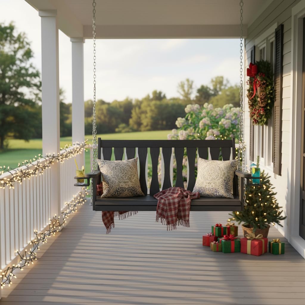 HIPS All-Weather Outdoor Hanging Porch Swing,2 Seat Hanging Swing Bench with Cup Holders,Patio Swing Chair with Hanging Chains for Courtyard & Garden