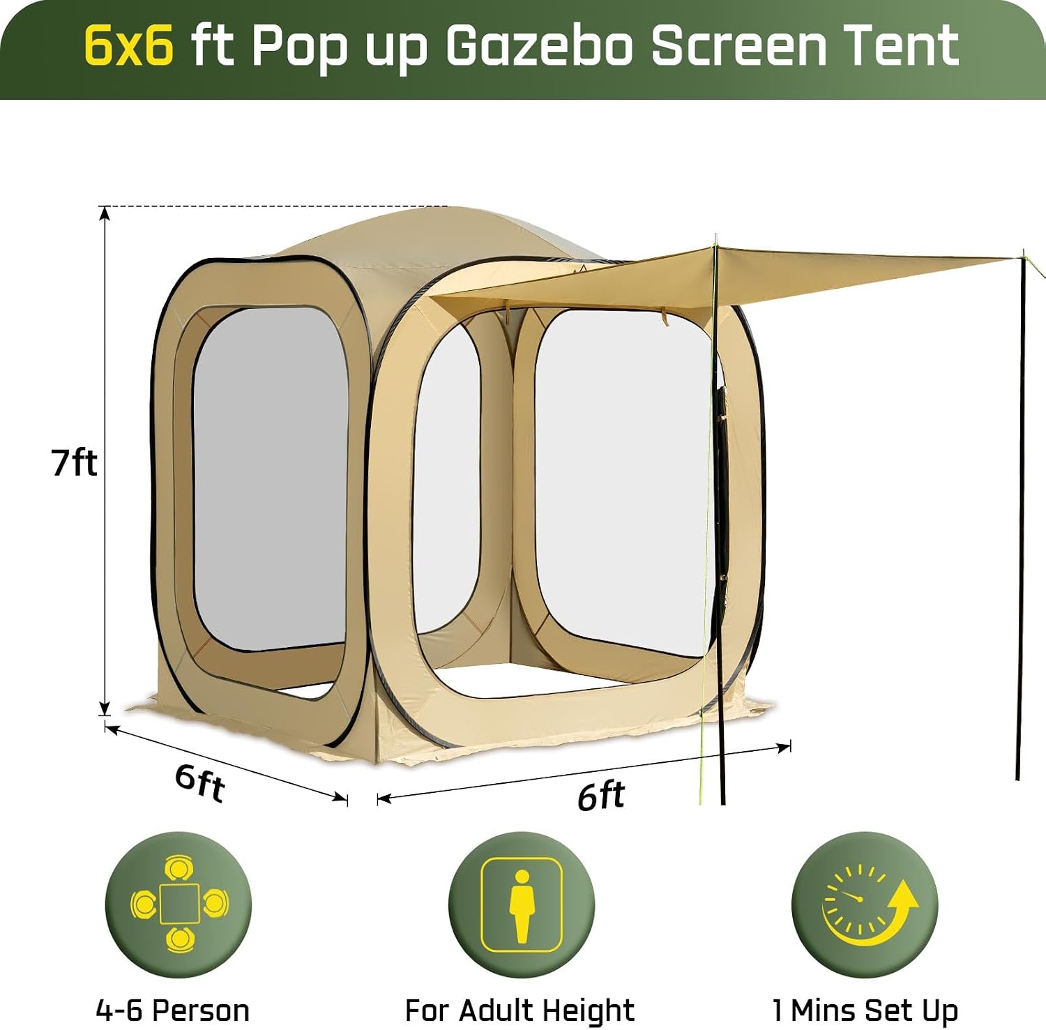 JELUCAMP 6x6 FT Pop Up Screen House Tent - Instant Screened Gazebo Canopy with Mosquito Net, Portable Backyard Tent for 4-6 People, Easy Setup Patio Shelter for Camping, BBQ, Sports & Outdoor