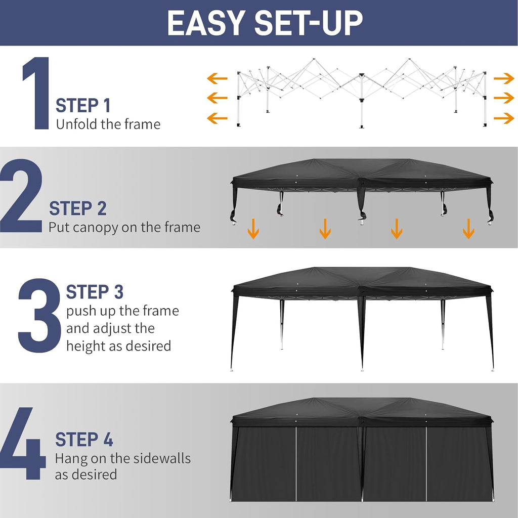 Outvita 10x20ft Pop Up Canopy Tent, Outdoor Instant Shelter Folding Canopy with 6 Side Walls and Carry Bag for Commercial Events, Party, Backyard BBQ, Camping Black