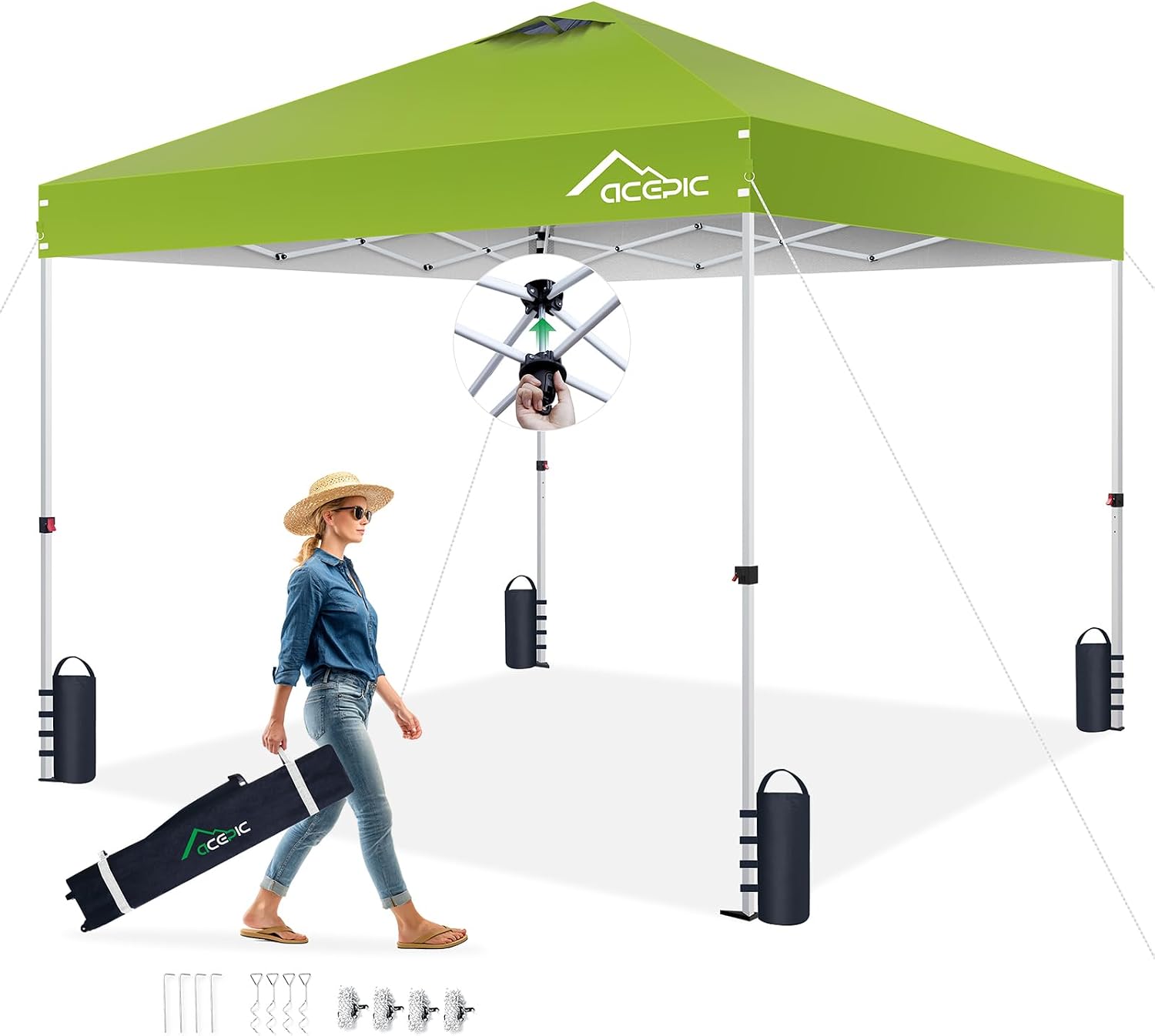 Acepic 10x10 Pop Up Canopy Tent,300D Silver-Coating Top,Pop Up Canopy Tent Instant Portable Shelter with 1-Button Push and Wheel Carry Bag, 8 Stakes and 4 Canopy Weights (Radiant Green, 10x10)