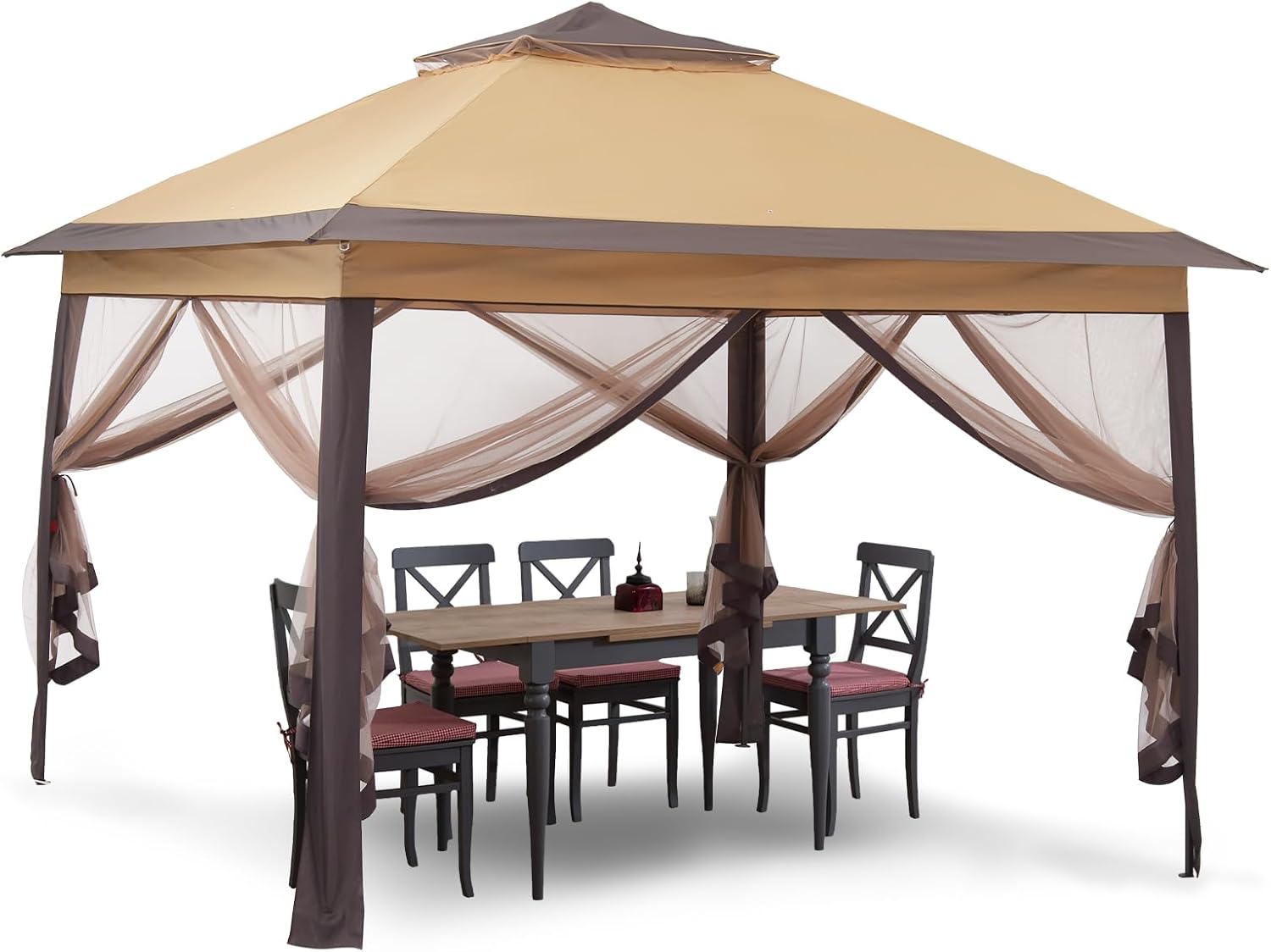 11x11 FT Gazebo Tent, Outdoor Tents for Parties with Mosquito Netting, Folding Heavy Duty Height Adjustable Canopy Tent for Patio Backyard Garden (Brown)