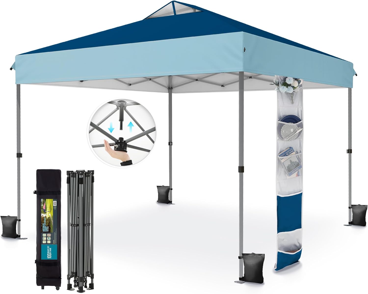 PHI VILLA 10x10ft 1-Person Setup Pop Up Canopy Tent Instant Portable Shelter w/ 1-Button Push, Case, 4 Weight Bags - Dark & Light Blue