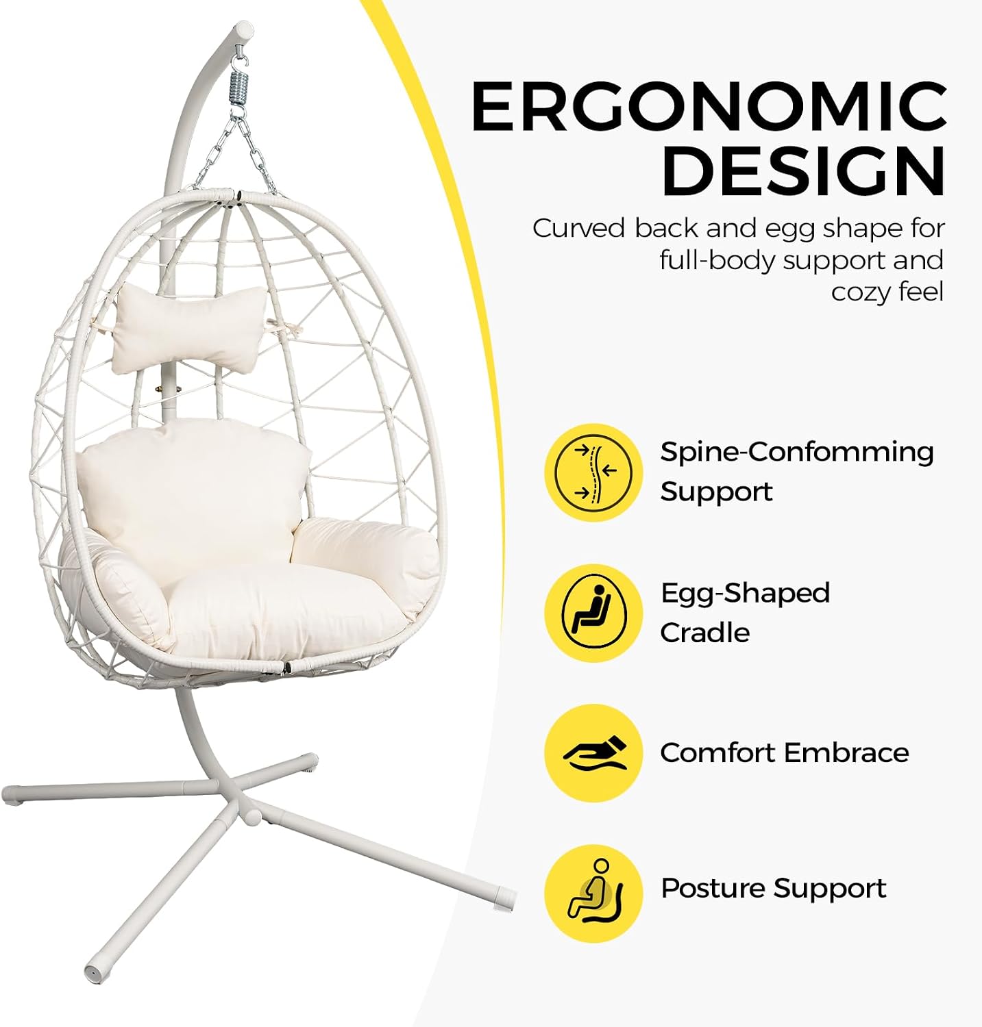 Egg Chair with Stand, Wicker Hanging Chair for Outdoor Patio, Cushioned Hammock Swing for Bedroom Garden Indoor/Outdoor, Double-Zipper Structure Hanging Egg Chair (White and White)
