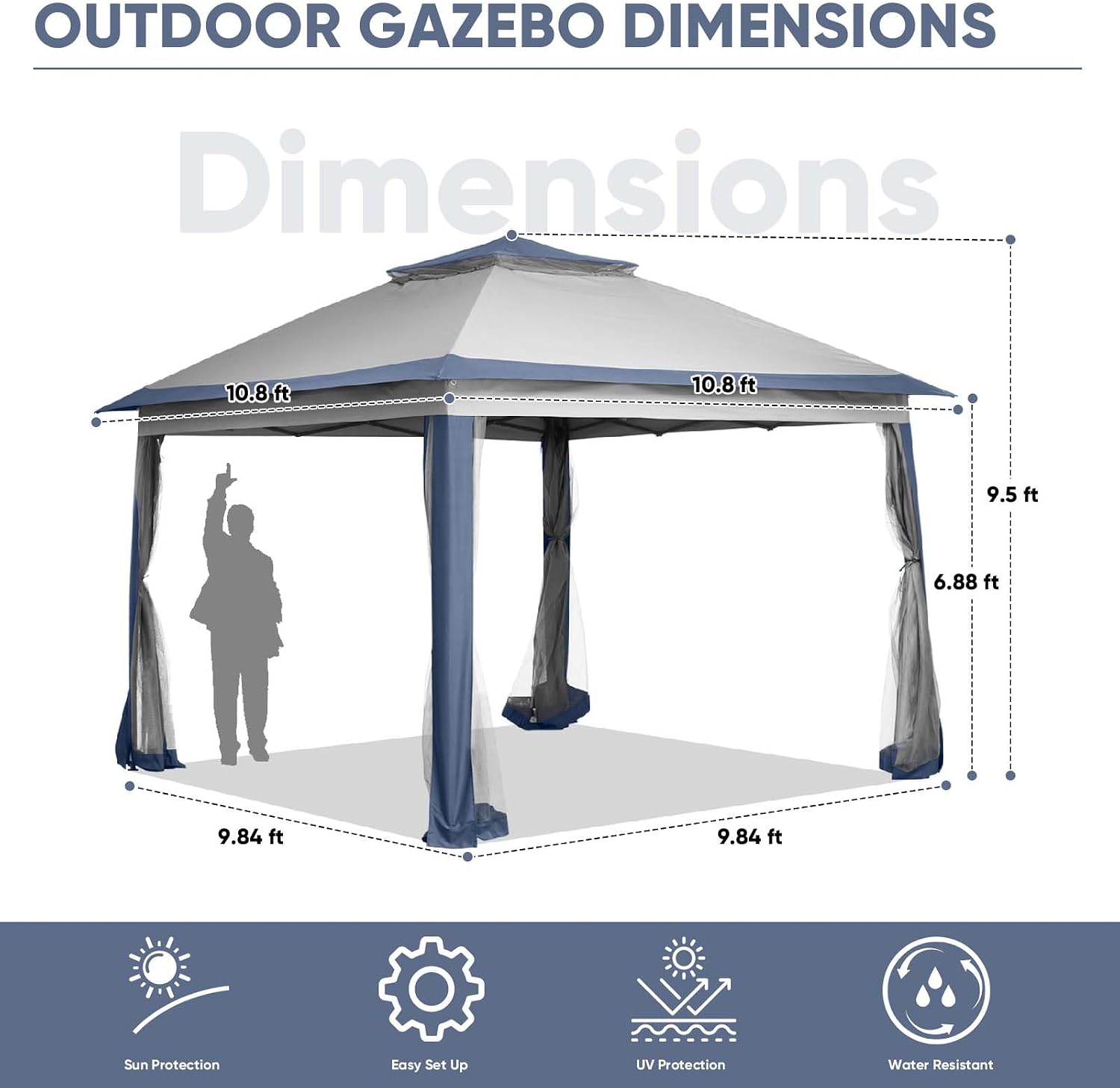 11x11 FT Gazebo Tent, Outdoor Tents for Parties with Mosquito Netting, Folding Heavy Duty Height Adjustable Canopy Tent for Patio Backyard Garden (Blue)