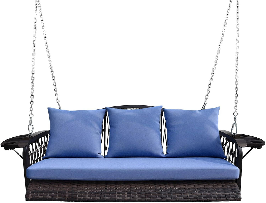 ZZW Wicker Porch Swing Heavy Duty 900 LBS 3-Seat Outdoor Patio Swing Chair with Cushions & 8.9ft Chains Outdoor Hanging Bench with Upgraded Cup Holders for Garden Deck Backyard