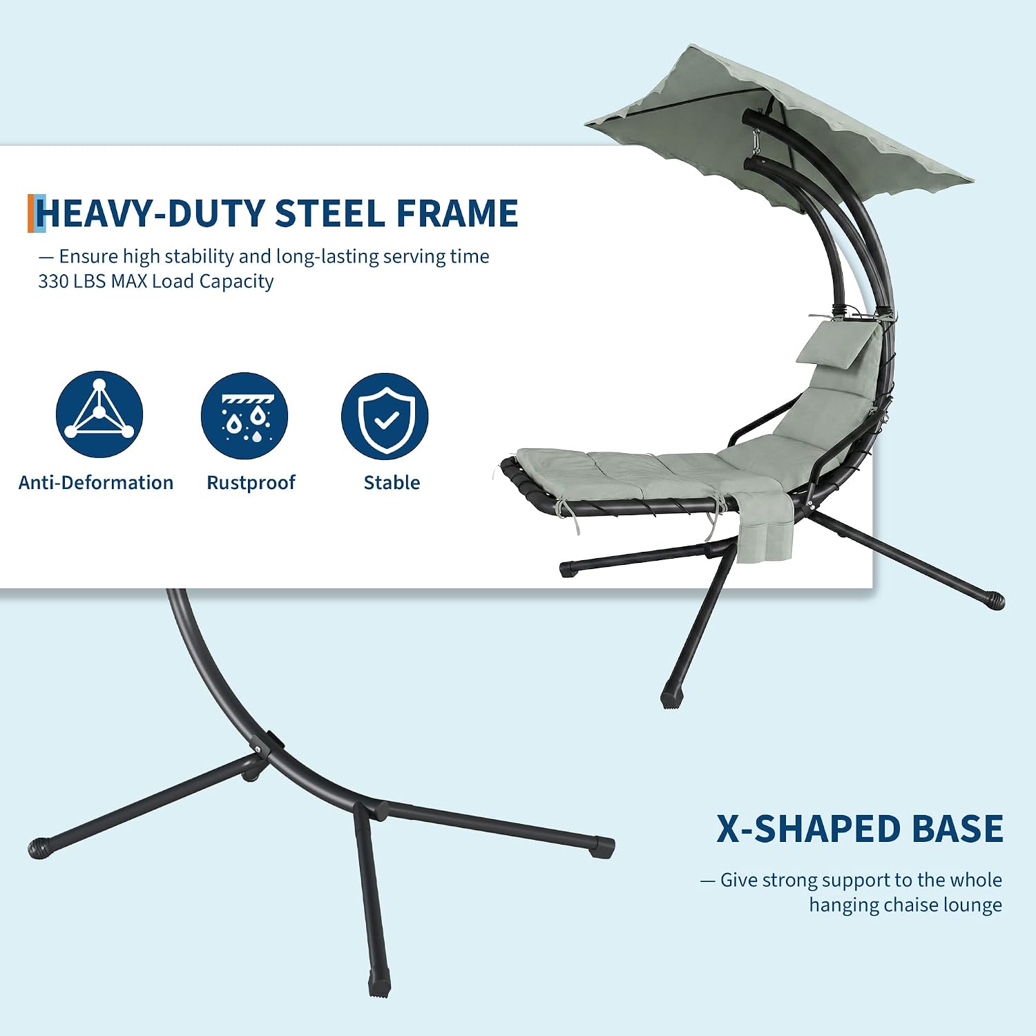 Chaise Lounger Swing Chair with Umbrella Canopy, Patio Hanging Chaise Lounger Chair with Stand, Curved Steel Outdoor Lounge Chairs for Indoor Patio Pool Garden Backyard Porch