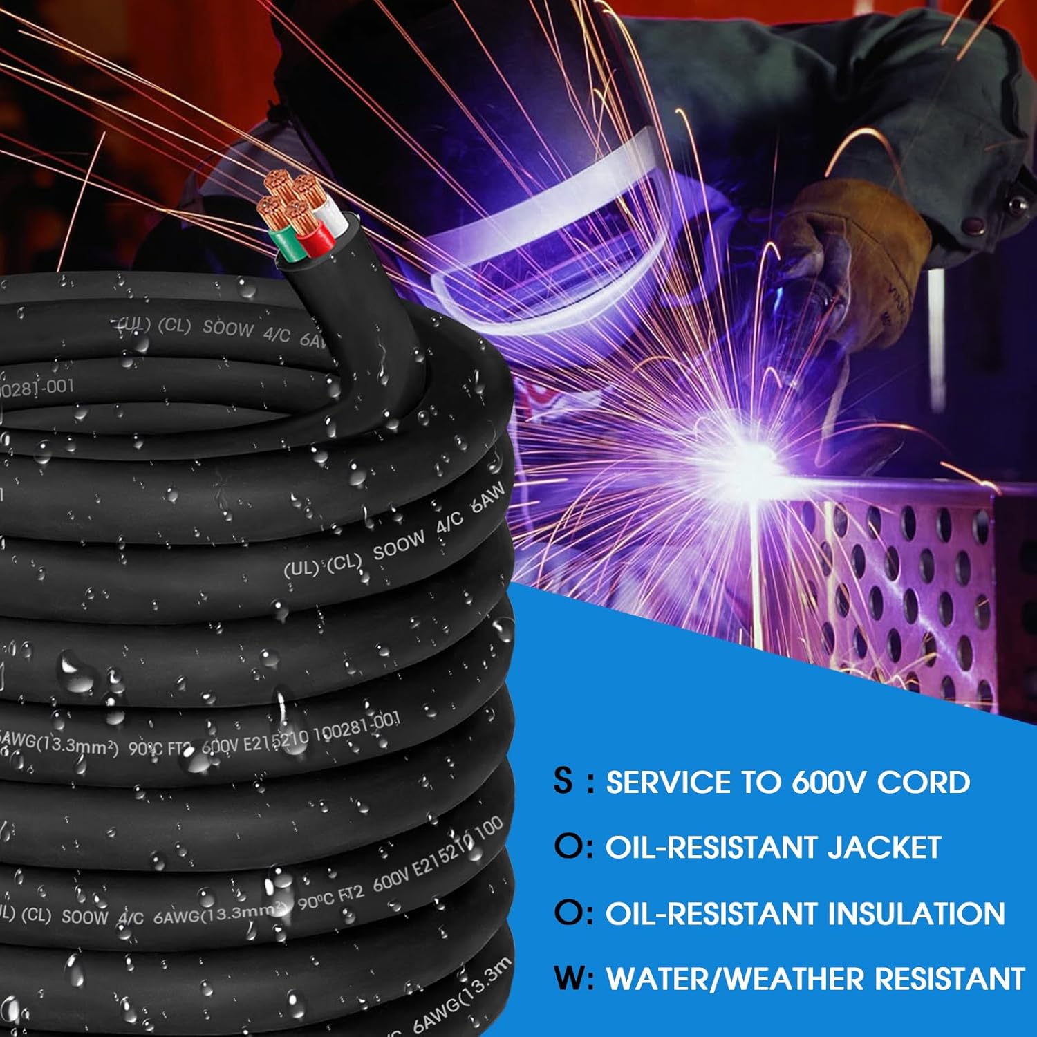 50ft 6/4 SOOW Cable 6 Gauge Wire SOOW Electric Wire 6 AWG 6/4 Portable Power Cord 600V 4 Conductor SOOW Extension Cord for Welder,Generator,Industrial Outdoor SOOW Bulk Cable with UL,Outer Dia 27.2mm