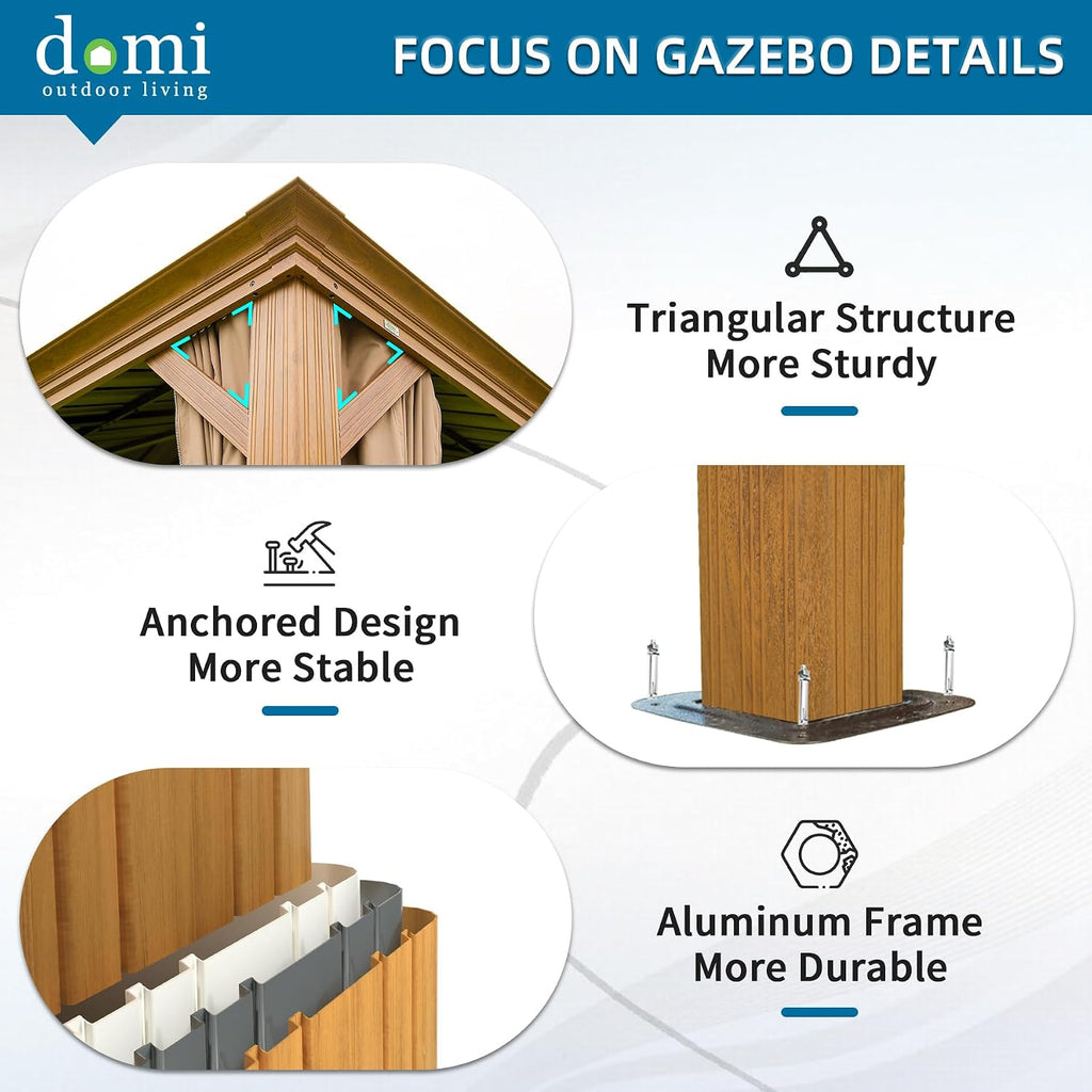 Domi Hardtop Gazebo 12x14FT, Outdoor Gazebo with Galvanized Steel Double Roof, Aluminum Frame, Built-in Gutter System, Curtain and Netting, Metal Gazebo Pavilion for Patio Deck Garden, Wood-Looking