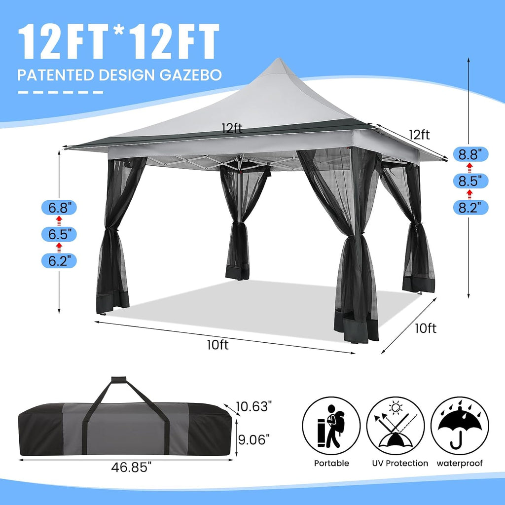 COBIZI 12x12 Pop up Gazebo on Clearance, Outdoor gazebo, with Mosquito Netting&Waterproof Roof, Canopy Tent,carpas para patio,Patio Gazebo, toldos para patio exterior,Portable gazebo for Backyard,Gray