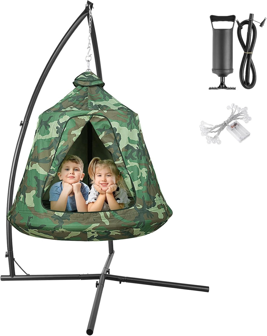 Arlopu Hanging Hammock w/Tree Tent, Indoor Metal Swing Chair w/Play Tent, Outdoor Egg Basket Patio Seat w/Adjustable Solid Stand (Camouflage)