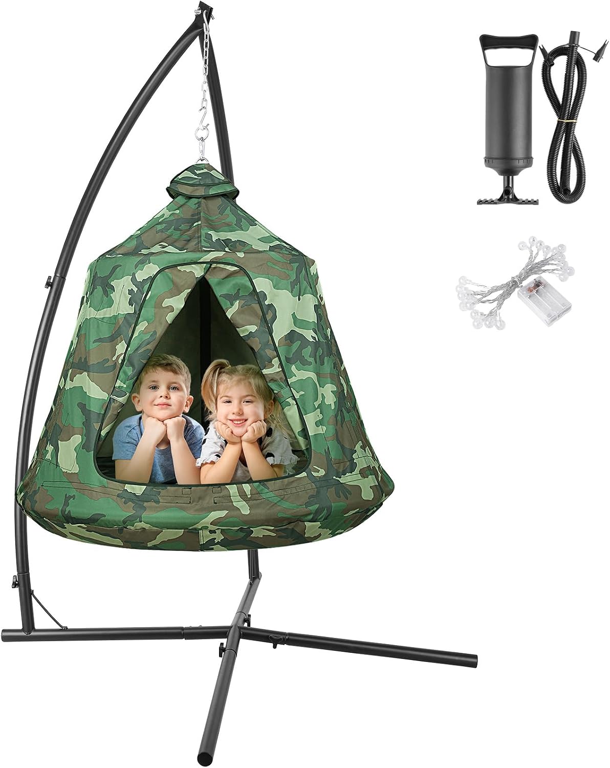 Arlopu Hanging Hammock w/Tree Tent, Indoor Metal Swing Chair w/Play Tent, Outdoor Egg Basket Patio Seat w/Adjustable Solid Stand (Camouflage)