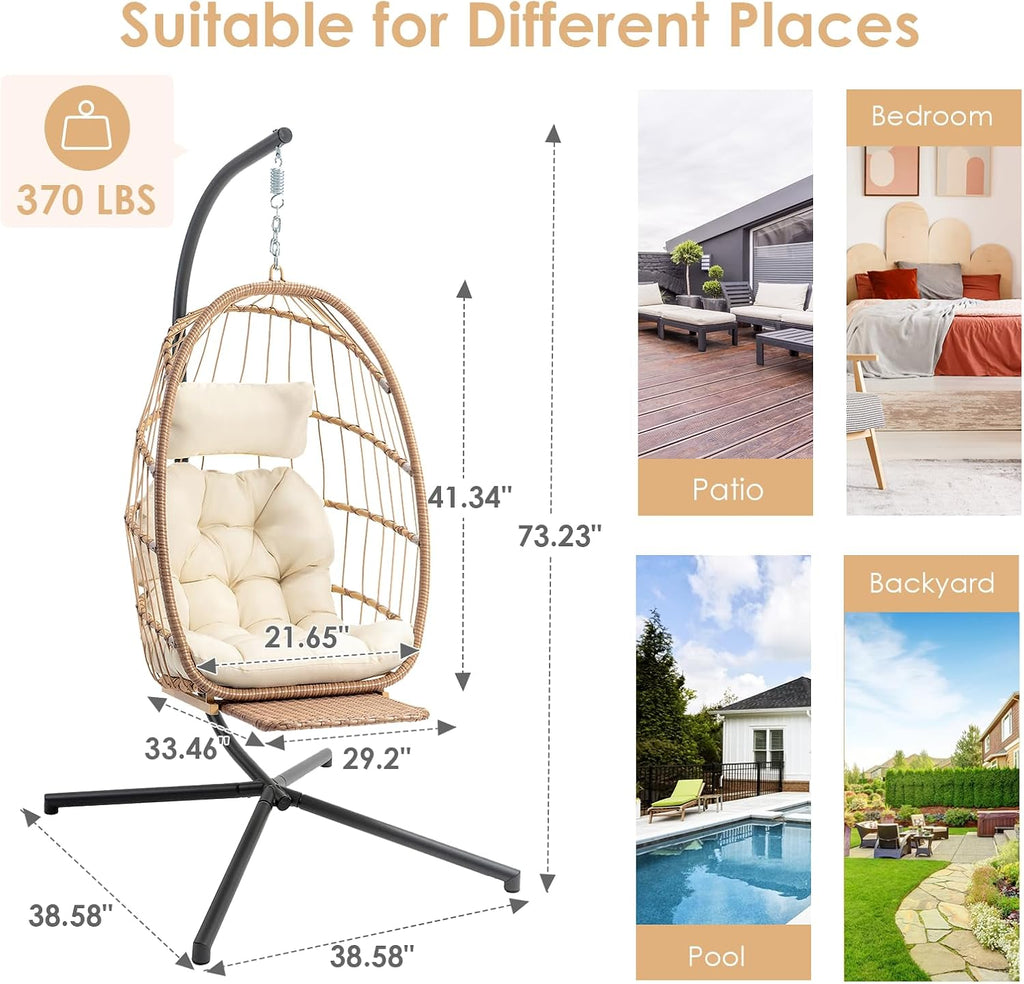 Brafab Hanging Egg Chair with Stand and Footrest, Wicker Egg Swing Chair Indoor Outdoor Aluminum-Steel Frame and UV Resistant Cushion, Patio Lounge Hammock Chairs for Bedroom 370LBS Capacity, Begie