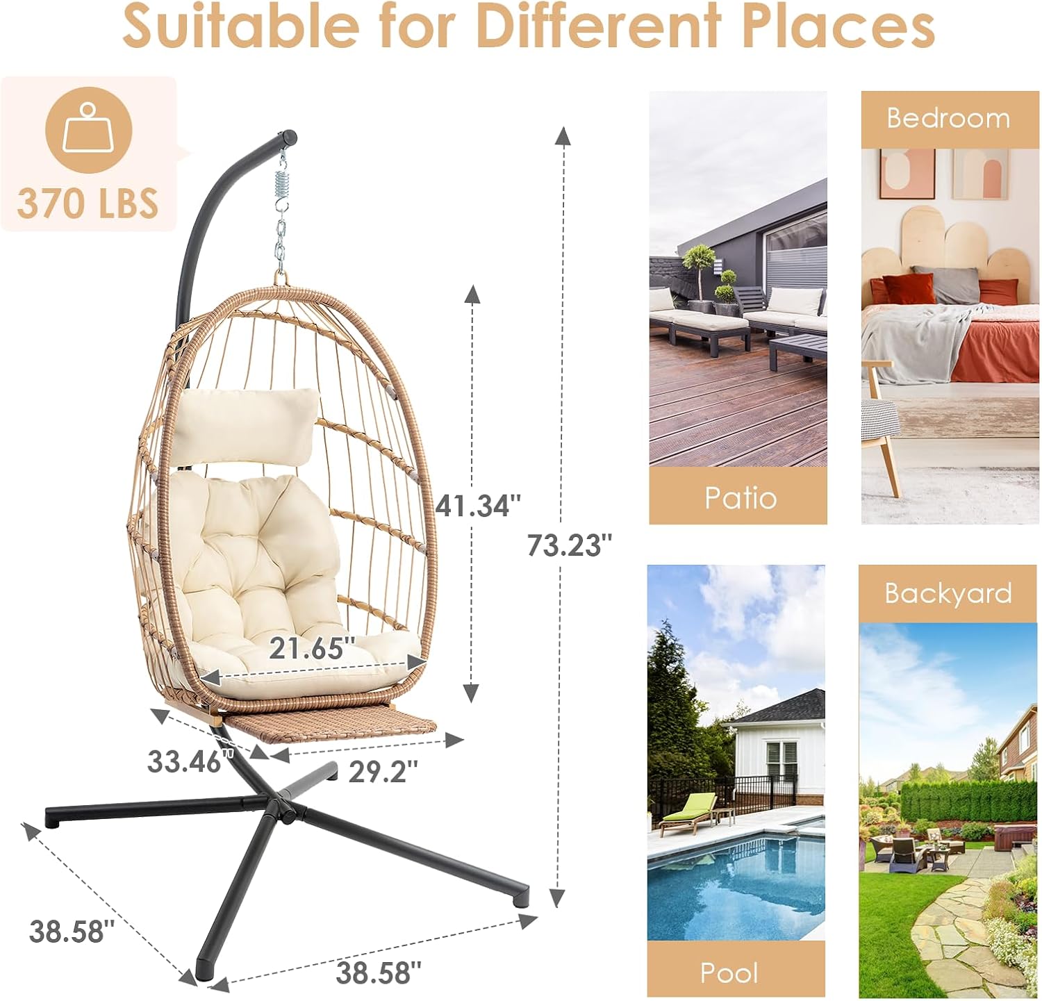 Brafab Hanging Egg Chair with Stand and Footrest, Wicker Egg Swing Chair Indoor Outdoor Aluminum-Steel Frame and UV Resistant Cushion, Patio Lounge Hammock Chairs for Bedroom 370LBS Capacity, Begie