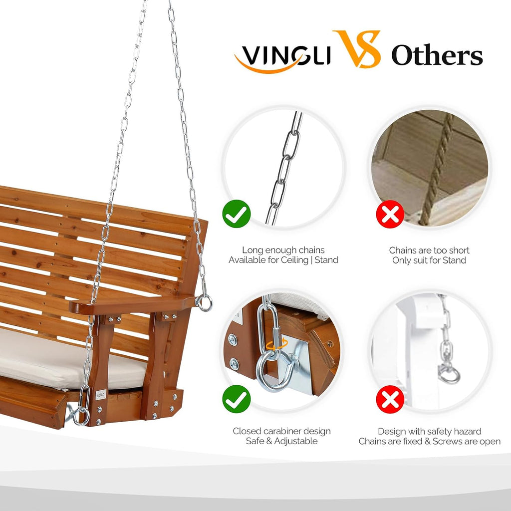 VINGLI 5 FT Outdoor Porch Swing with Frame, Patio Hanging Swing & Stand with Extra Cushions Heavy Duty 880 LBS for Yard, Garden, Pool, Deck, Brown