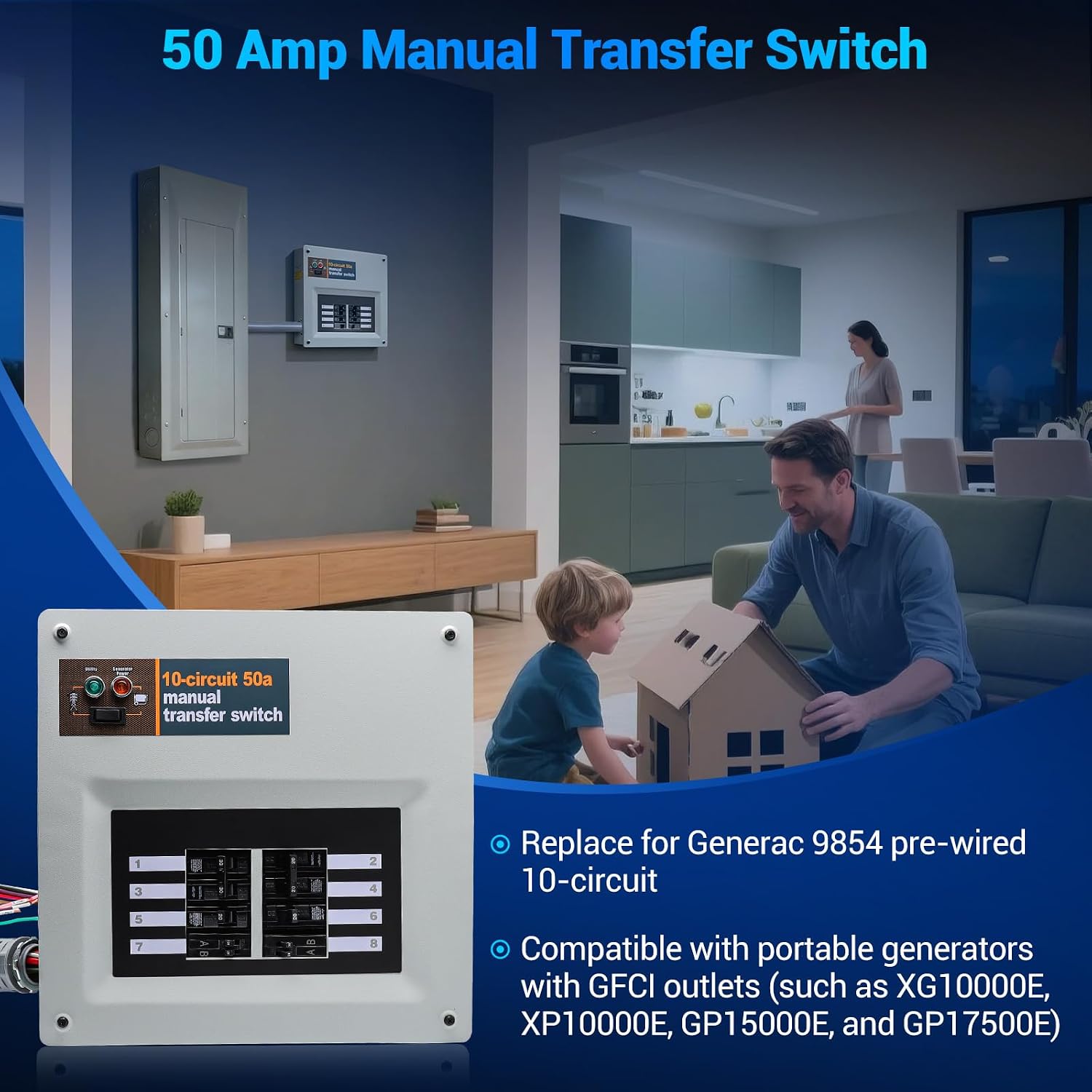 50 Amp Transfer Switch RV Replacement for Generac 9854 Pre-Wired, 10-Circuit 50A Manual Transfer Switch Compatible with Portable Generators