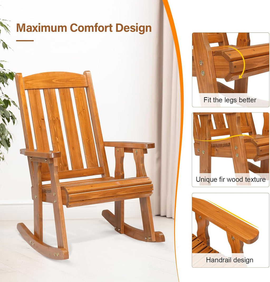 VINGLI Outdoor Rocking Chair, Heavy Duty 600 LBS Wooden Rocking Bench with Comfortable Backrest, Weatherproof Patio Rocker with Ergonomic Design, Wood Rocking Chair for Patio, Garden (Teak, 2 PCS)