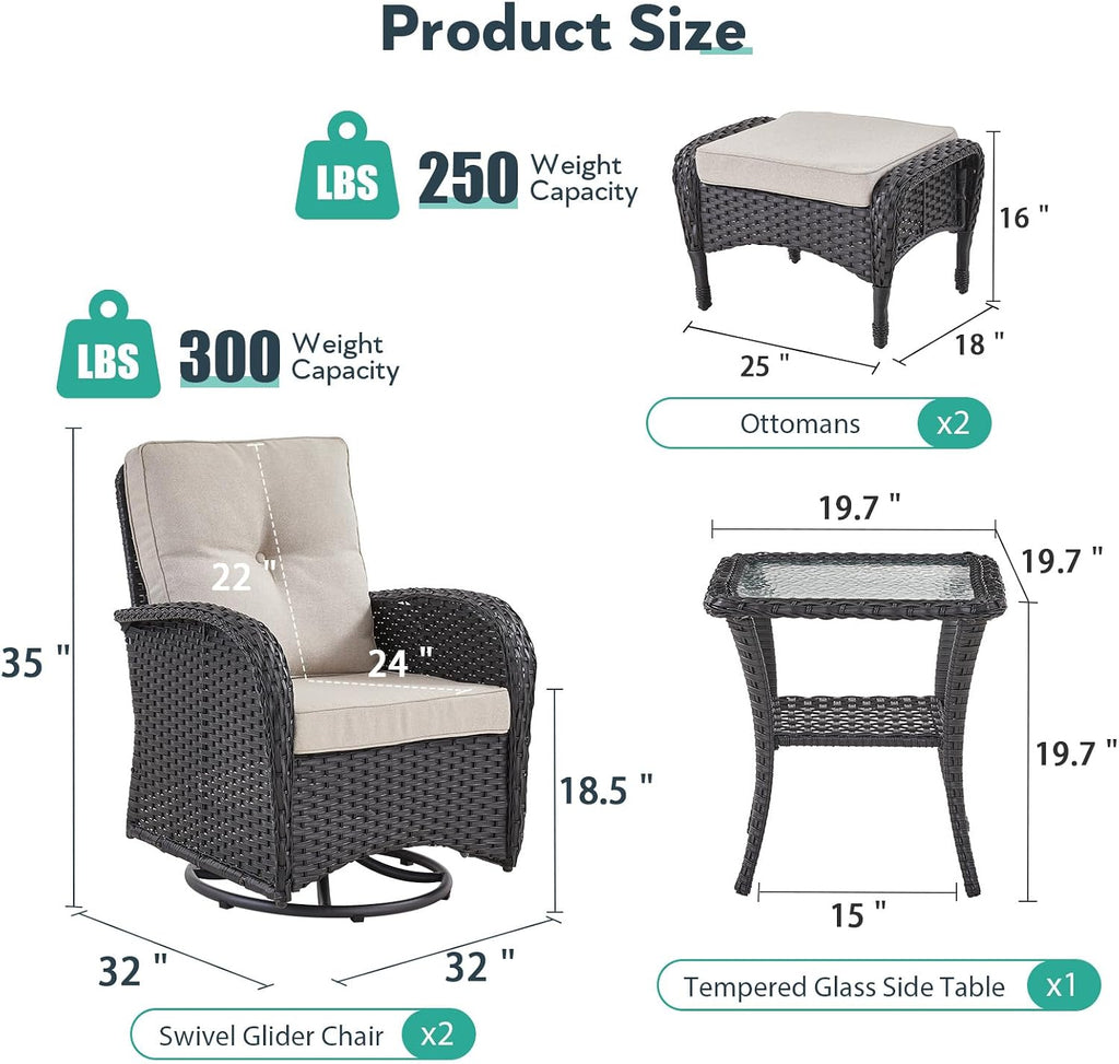 Outdoor Swivel Glider Rocker Chairs Set- 5 Piece Patio Furniture Set, Patio Bistro Sets with Tempered Glass Side Table and 2 Ottoman, for Balcony, Porch - Black Wicker Beige Cushion