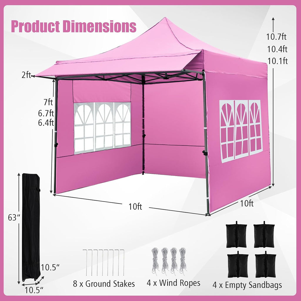 Tangkula 10x10 FT Pop Up Canopy, Outdoor Tent with 3 Sidewalls & Awning, Wheeled Bag, 4 Sandbags, 8 Stake, 4 Ropes, Portable Canopy Tent for Party Picnic Event Beach Camping (Pink)