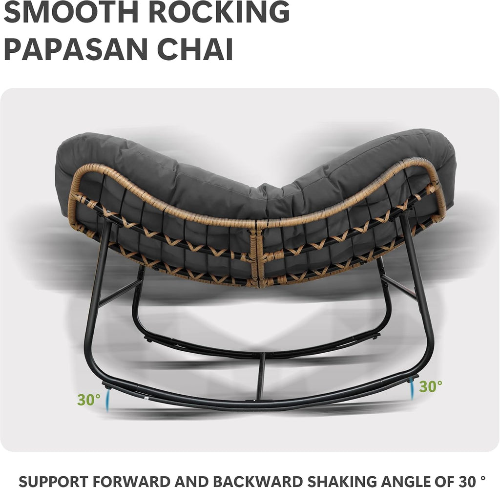 Patio Rocking Chair, Oversized Papasan Rocking Chair with Cushion and Frame for Indoor& Outdoor, Deep Seat Egg-Shaped Rocker Chair for Garden, Deck, Living Room, Grey