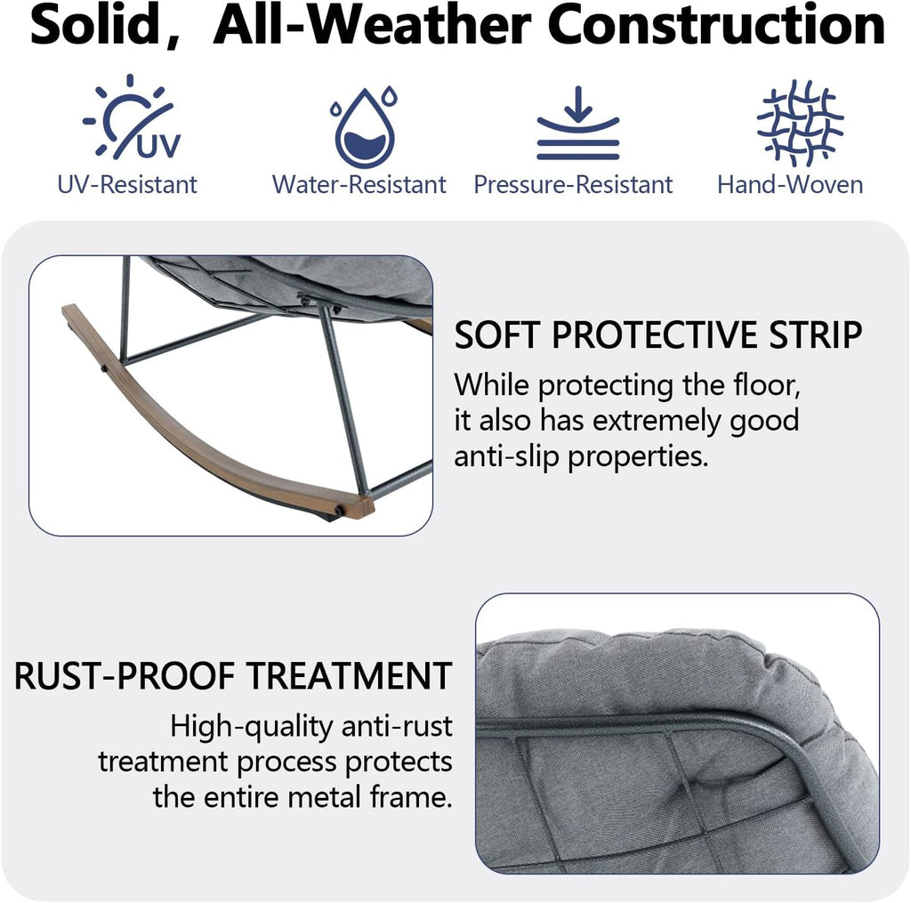 Outdoor Rocking Chair, 400 lbs Sturdy Frame with Thick Cushion,Patio Papasan Chair for Bedroom, Living Room, Porch, Garden(Grey)
