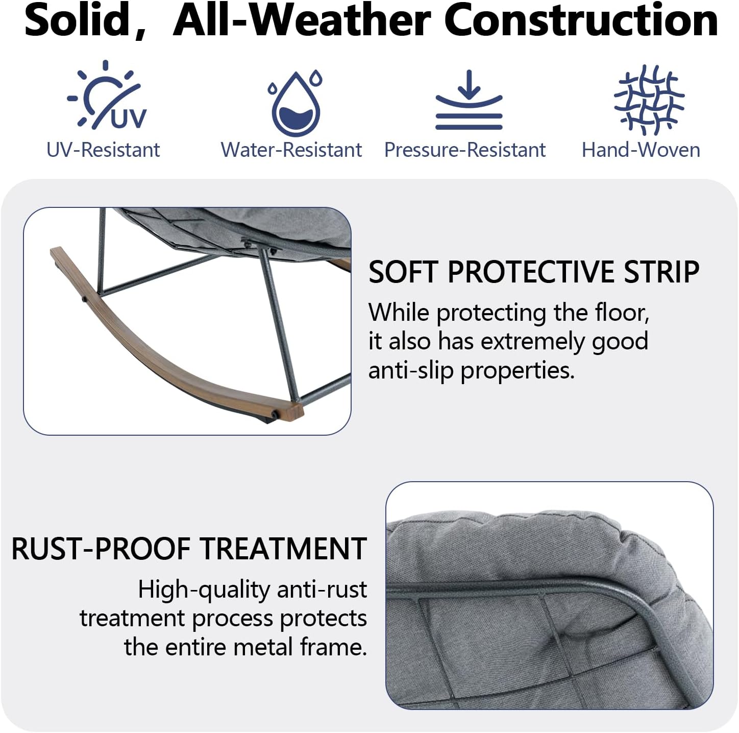 Outdoor Rocking Chair, 400 lbs Sturdy Frame with Thick Cushion,Patio Papasan Chair for Bedroom, Living Room, Porch, Garden(Grey)