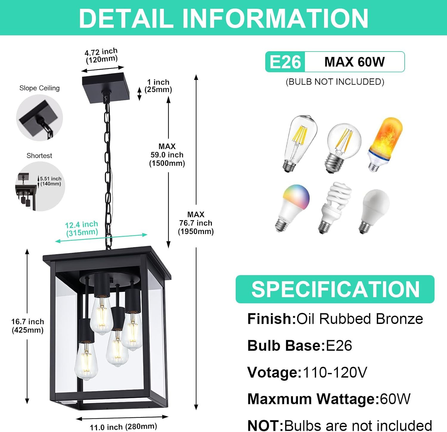 Yaohong Large Outdoor Pendant Lights for Porch, 4-Lights Black Exterior Pendant Light with Clear Glass, Outdoor Porch Light Ceiling Mount Outdoor Hanging Light Fixture for Gazebo, Patio, Entryway