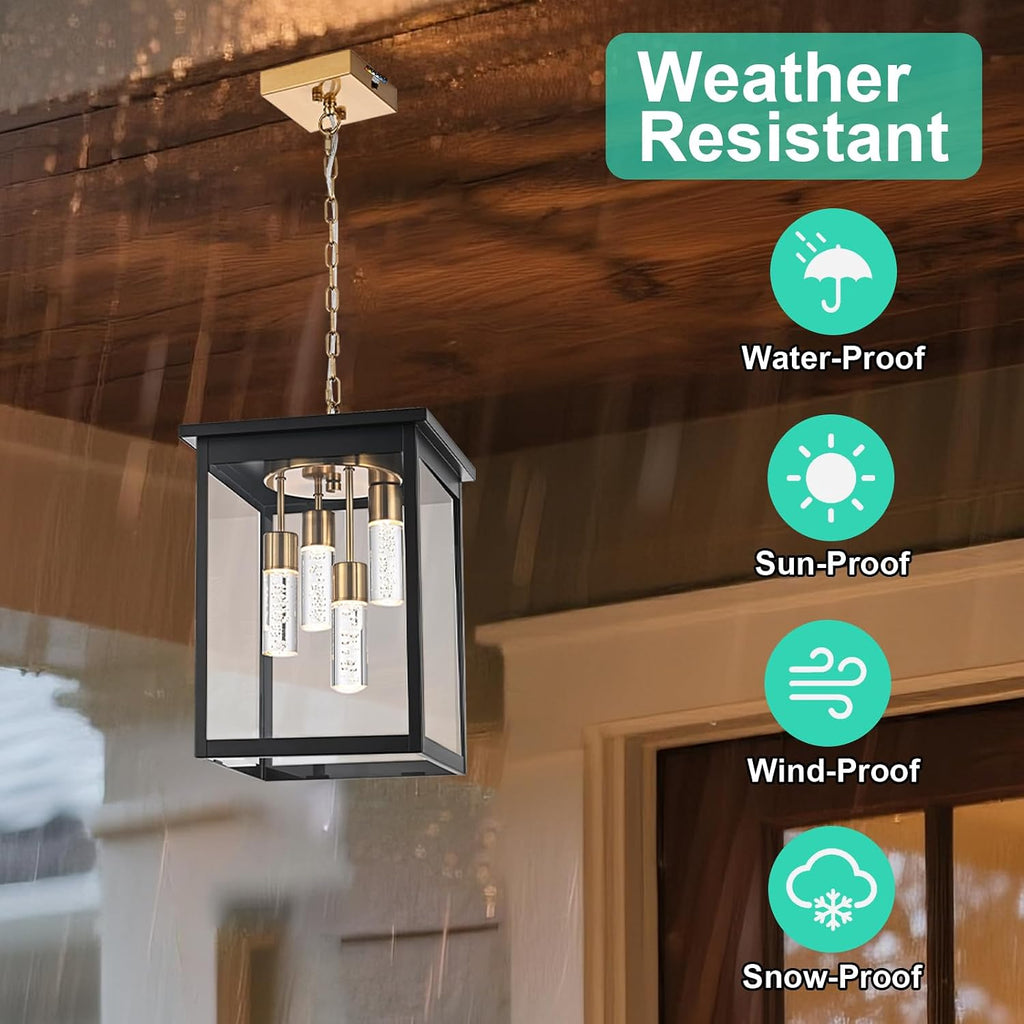 Yaohong Large 5CCT LED Outdoor Pendant Lights for Porch, 4-Lights Modern Black and Brushed Brass Hanging Ceiling Fixture with Acrylic Column & Clear Glass, Weatherproof Chandelier for Foyer Gazebo