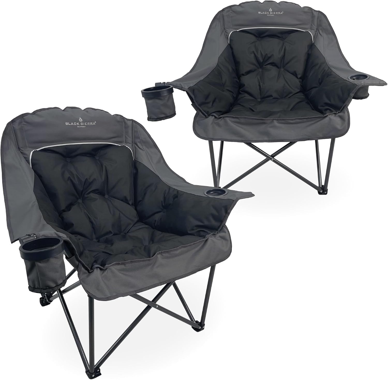 Black Sierra Plush XL Padded Camping Chairs for Adults, 2-Pack Oversized Heavy Duty Folding Seats Supports 400 lbs, Duo Plush Comfort with Cup Holders & Carry Bag for Camping, Tailgating, Patio, RV