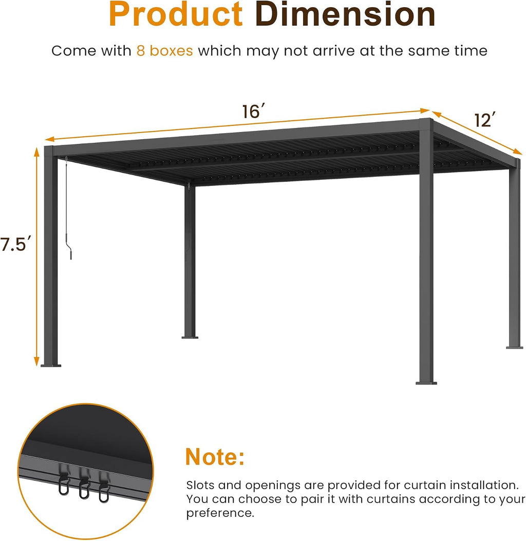 RoyalCraft Adjustable Louvered, Heavy-Duty Aluminum Outdoor Pergola, Metal Hardtop Pergola with Adjustable Roof for Patio, Deck, Garden, Yard (Black, 12' x 16')