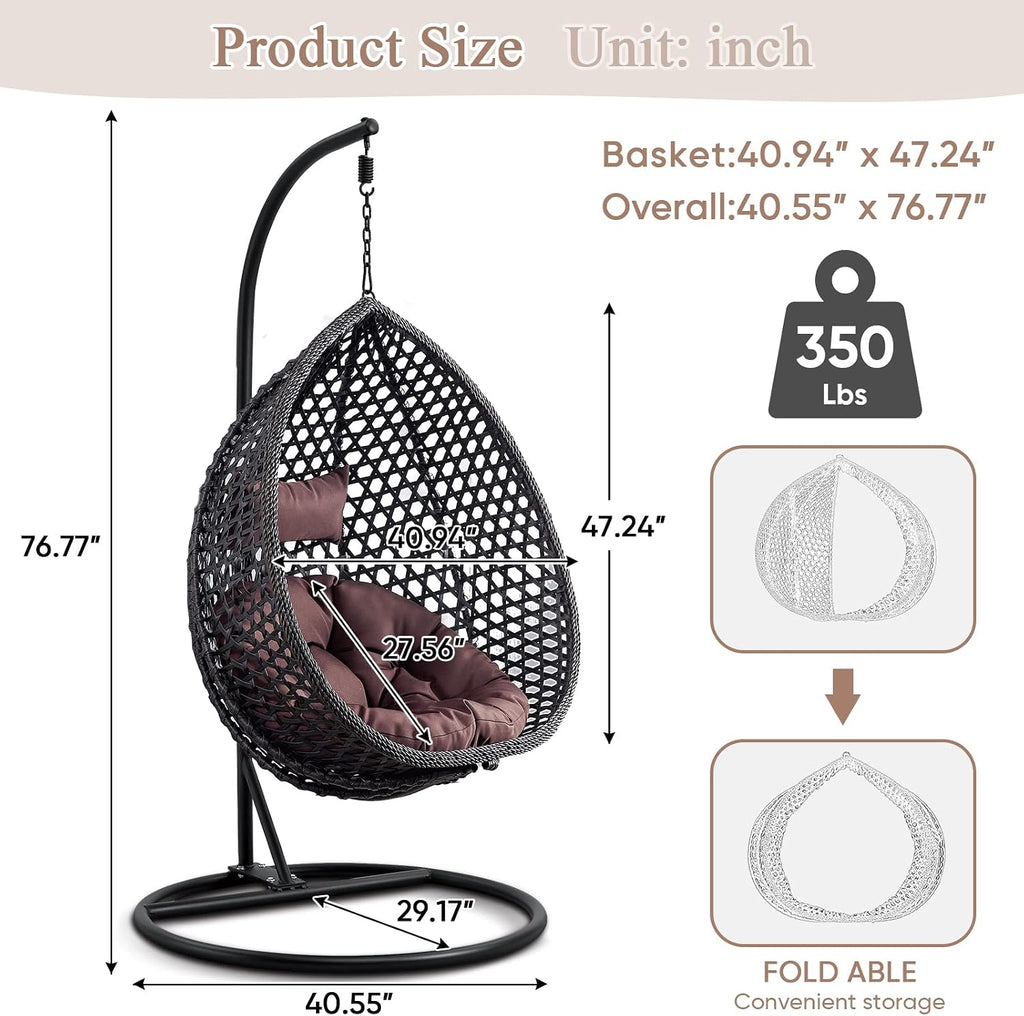 Hanging Egg Swing Chair with Stand, Rattan Wicker Hanging Egg Chair Hammock Indoor with Cushions, Swinging Chair for Bedroom Outdoor Patio Balcony Backyard Sunroom Heavy Duty 350LBS (Black)