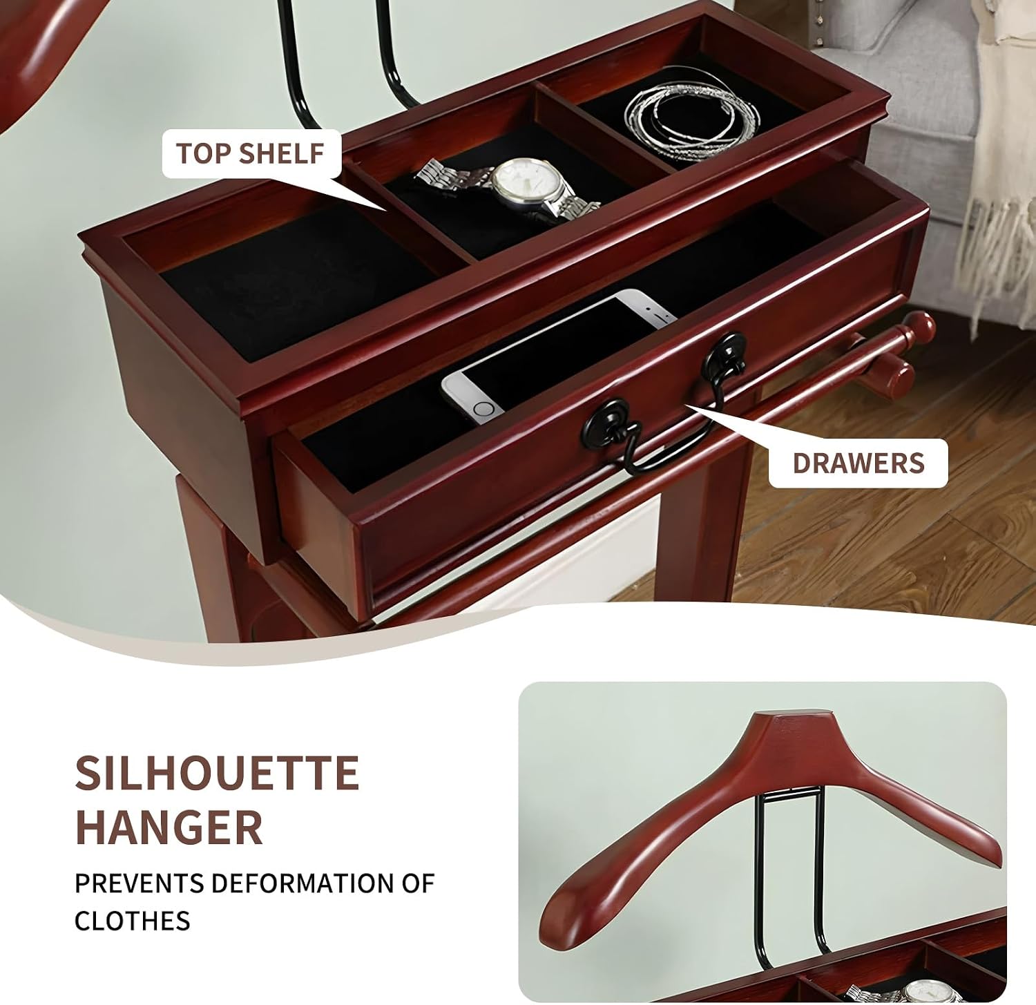 Wooden Valet Stand Clothes with Contour Hanger, Trouser Bar, Shoe Shelf, Suit Rack with Drawer&Tray, Garment Organizer Rack Storage for Keys, Watches, Wallet, Jewelry, Accessory Organizer