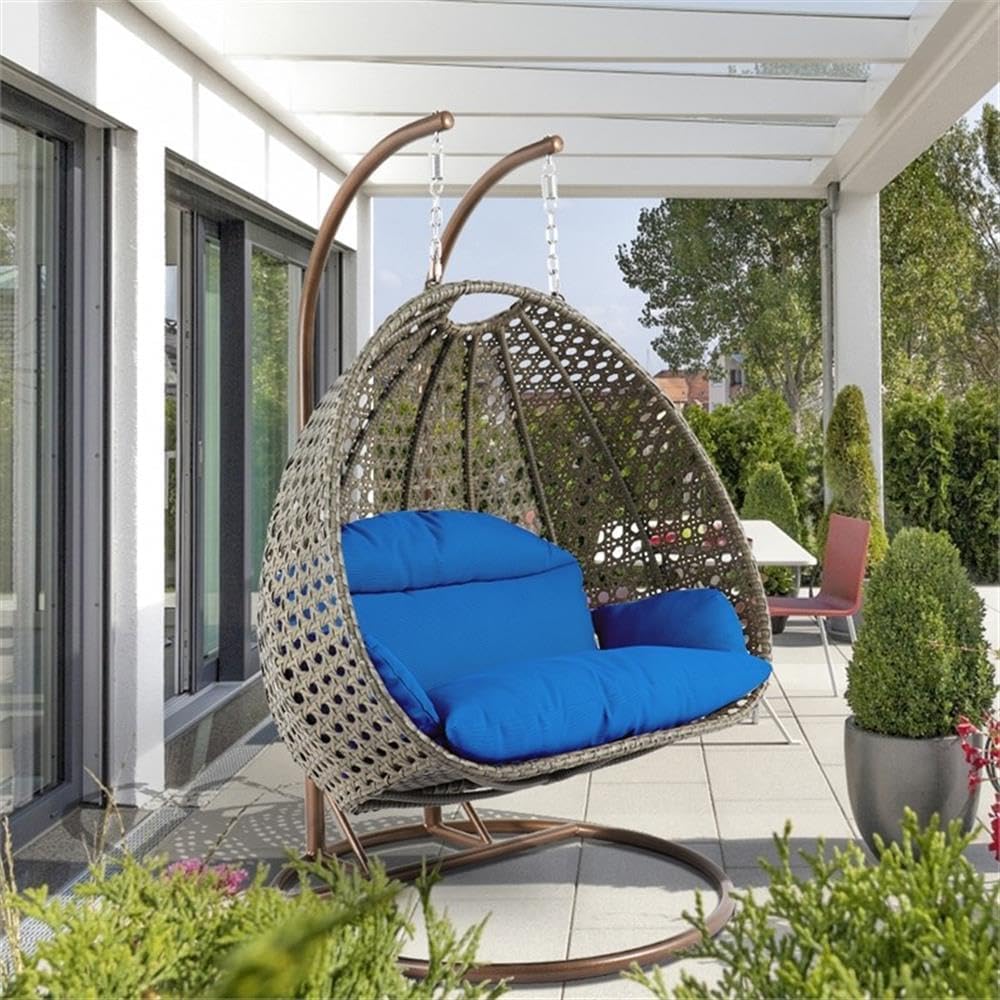 LeisureMod Blue Wicker 2 Person Egg Swing Chair with Beige Stand and Cushions - Double Hanging Hammock Lounge for Patio, Indoor & Outdoor Use