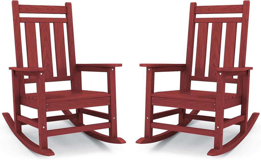 KINGYES Oversized Outdoor Rocking Chair Set of 2, All-Weather Patio Rocking Chairs for Porch, HDPE Outdoor Patio Rockers with High Back & Wide Seat for Garden, Lawn, Red