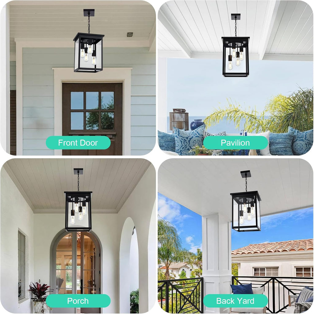 Yaohong Large Outdoor Pendant Lights for Porch, 4-Lights Black Exterior Pendant Light with Clear Glass, Outdoor Porch Light Ceiling Mount Outdoor Hanging Light Fixture for Gazebo, Patio, Entryway