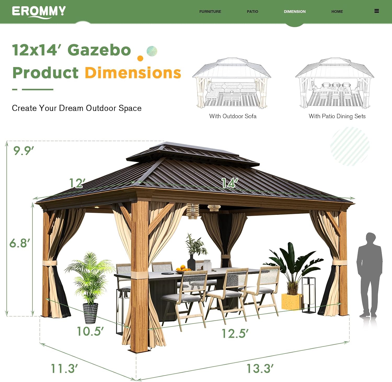 EROMMY 12x14 Gazebo, Wooden Finish Frame Gazebos with Galvanized Steel Roof for Patio & Backyard