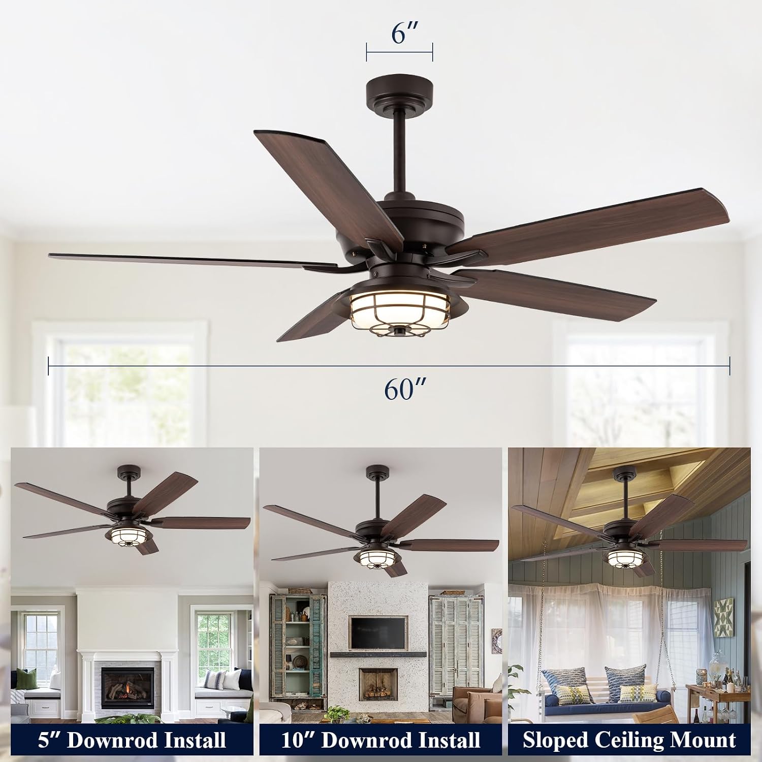 NORFOLK Outdoor Ceiling Fans with Lights and Remote, Waterproof 60 Inch Ceiling Fan with 3 Color LED Light for Patios, Gazebos, and Indoor, Wet Rated Farmhouse Modern Style
