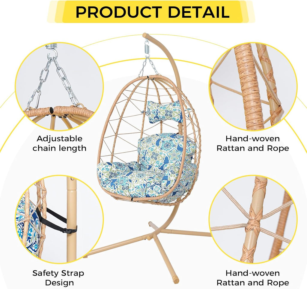 Egg Chair with Stand, Wicker Hanging Chair for Outdoor Patio, Cushioned Hammock Swing for Bedroom Garden Indoor/Outdoor, Double-Zipper Structure Hanging Egg Chair (Yellow and Moroccan)