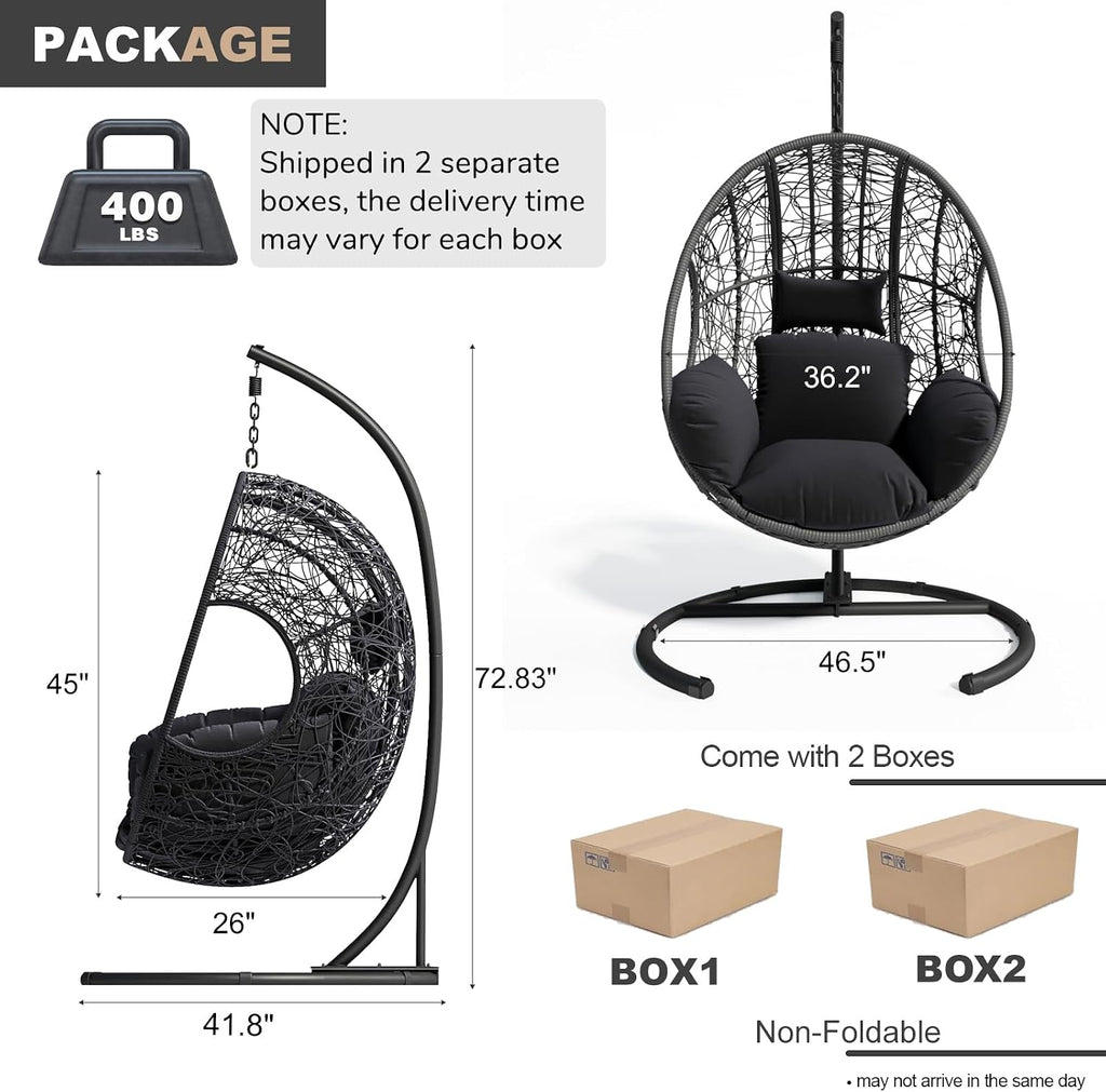 JOYBASE Hanging Egg Chair with Stand, Oversized Patio Swing Chair with Stand and Cushion, Hammock Wicker Rattan Lounge Chair for Indoor Outdoor Backyard Garden (Dark Grey)