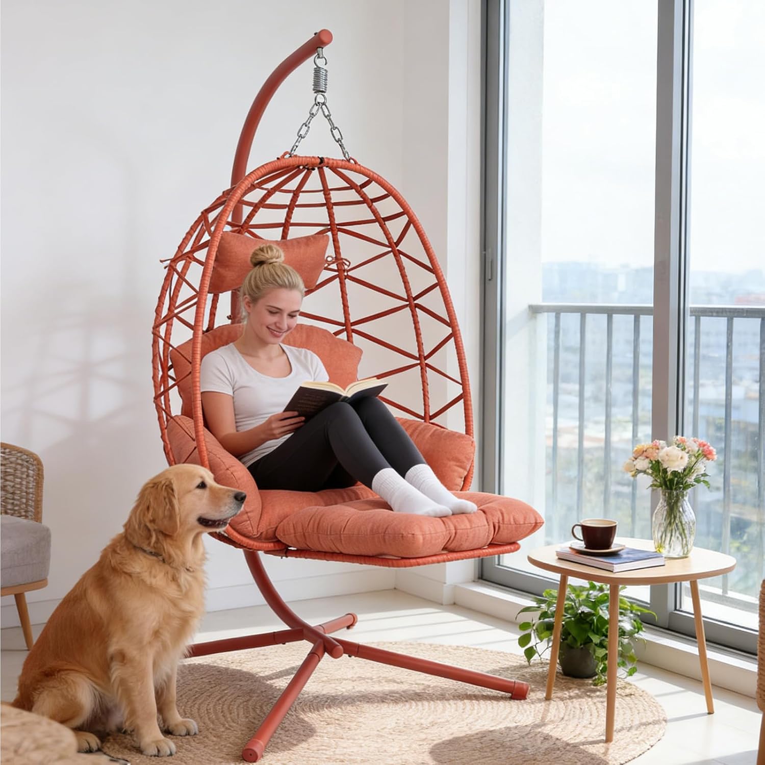 Hanging Egg Chair with Stand & Leg Rest,Rattan Wicker Swing Chair with Cushion,Patio Basket Hanging Chair Wicker Hammock Chair for Indoor Outdoor Bedroom Garden,300LBS (Orange-Red Rattan&Cushion)