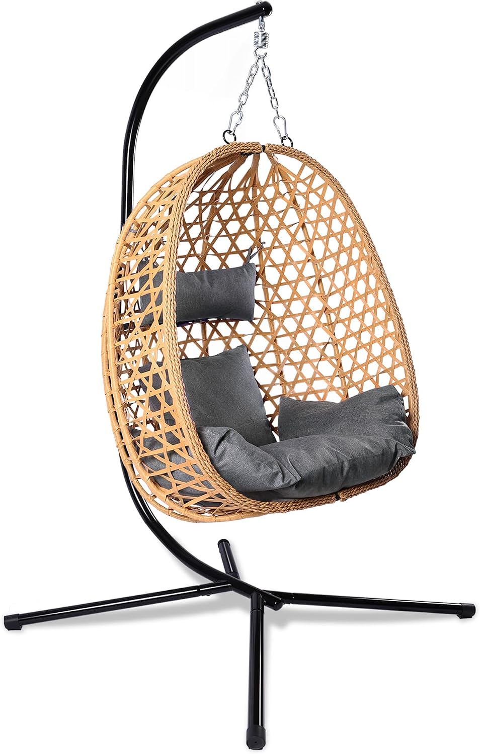 DoubleTT Egg Chair with Stand, Patio Wicker Hanging Chair, Hammock Swing Chair, 350LBS Capacity for Bedroom, Balcony, Garden (YE-GR)