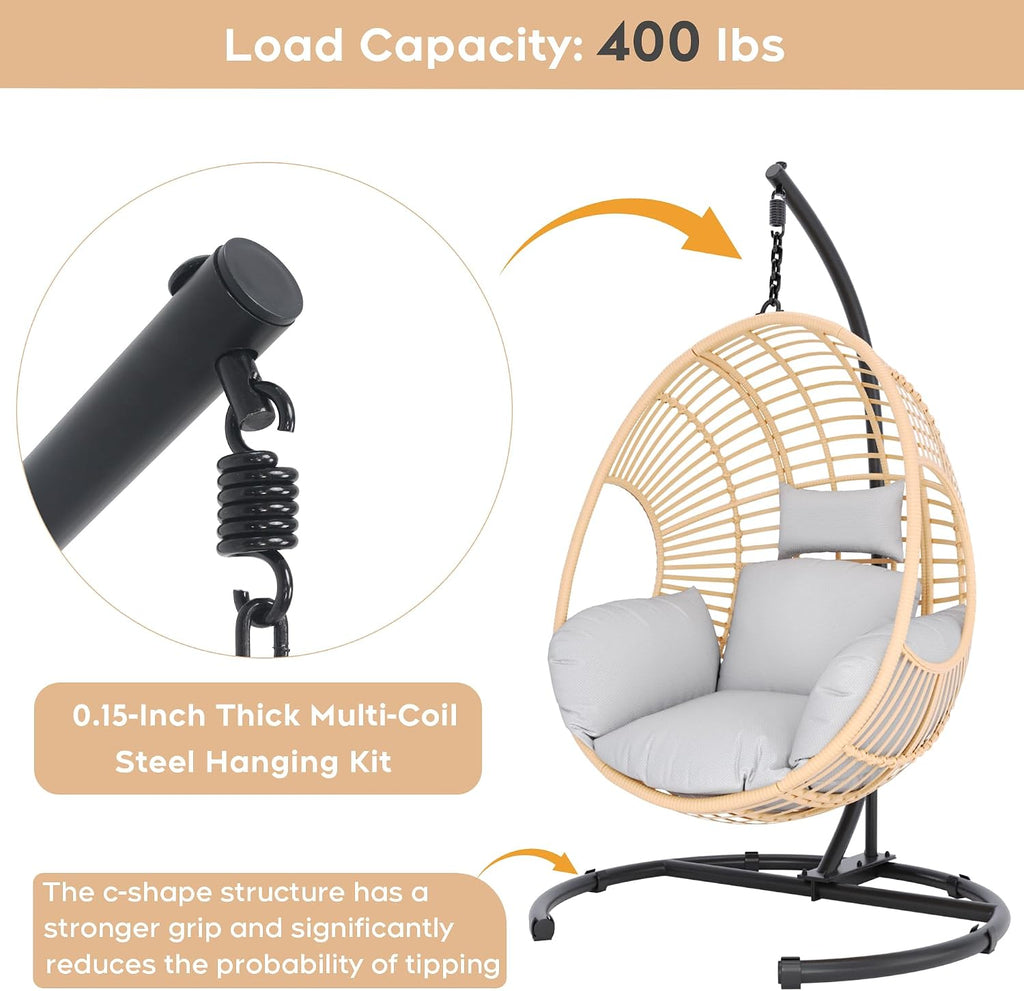 Hanging Egg Chair with Stand, Outdoor Swing Egg Chair with Rain Cover, 400 LBS Capacity All-Weather PE Wicker Swing Chair with Waterproof Cushions